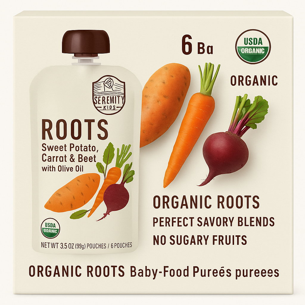 Serenity Kids Organic Roots review Best baby food without added sugar Baby food with olive oil Clean label baby food Non-GMO baby puree Sustainable baby food packaging Baby’s first vegetables High fat low sugar baby meals Root vegetable baby puree Healthy fats for baby